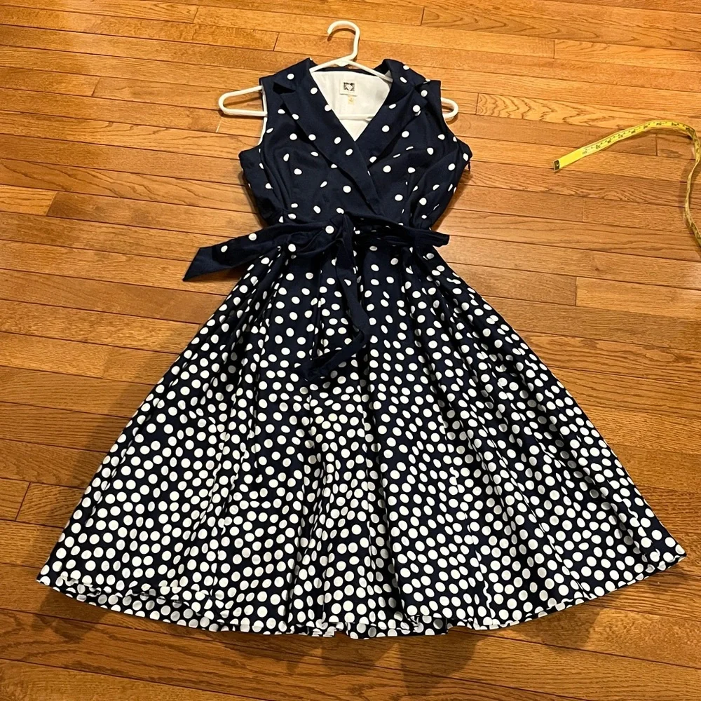 ❌SOLD❌Anne Klein Navy Blue & White Polka Dot Midi Dress - Picture 4 of 17